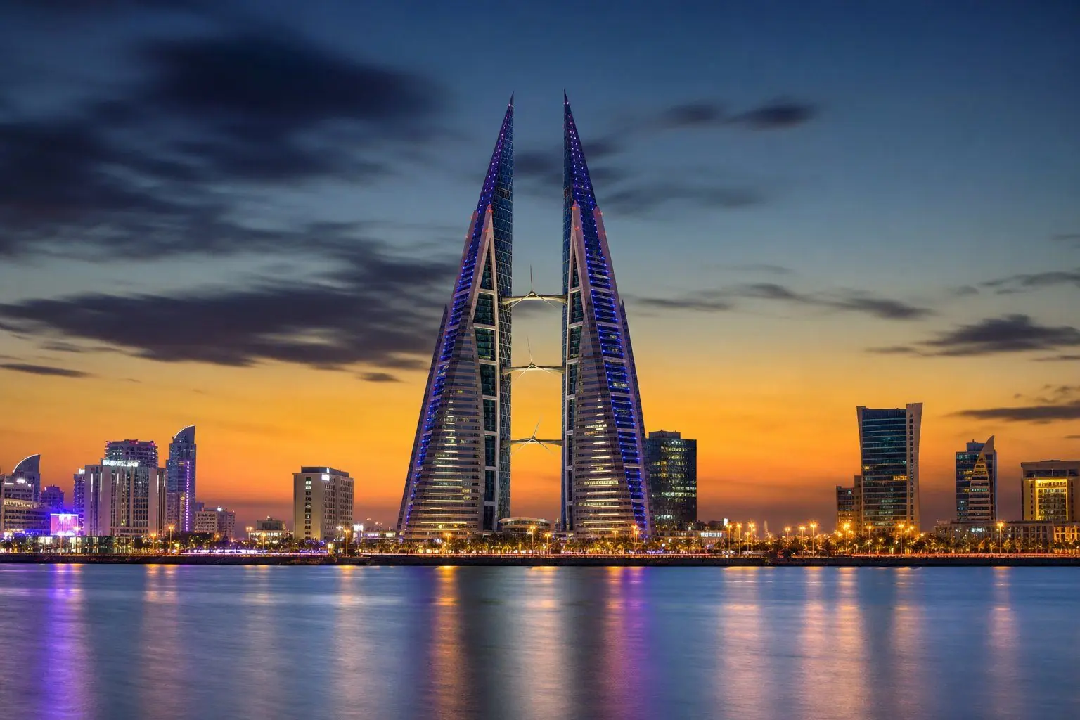 Bahrain World Trade Center twin towers at dusk, Manama