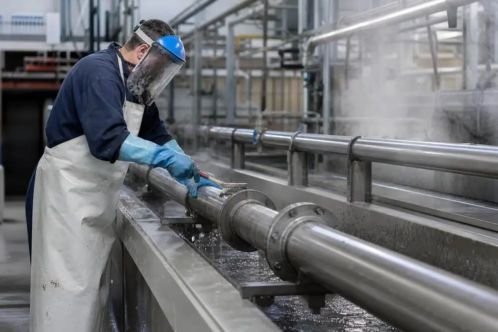 Technician performing pickling and passivation treatment on stainless steel pipes