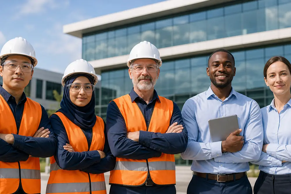 Site engineers and office staff outside a modern office building
