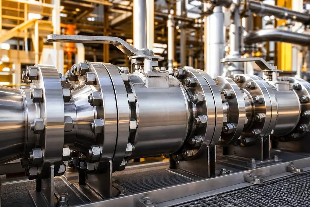 Stainless steel industrial valves and flanged piping assembly