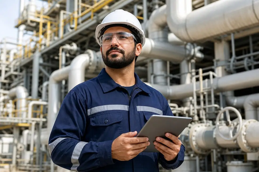 Plant engineer with tablet beside stainless steel pipes and valves