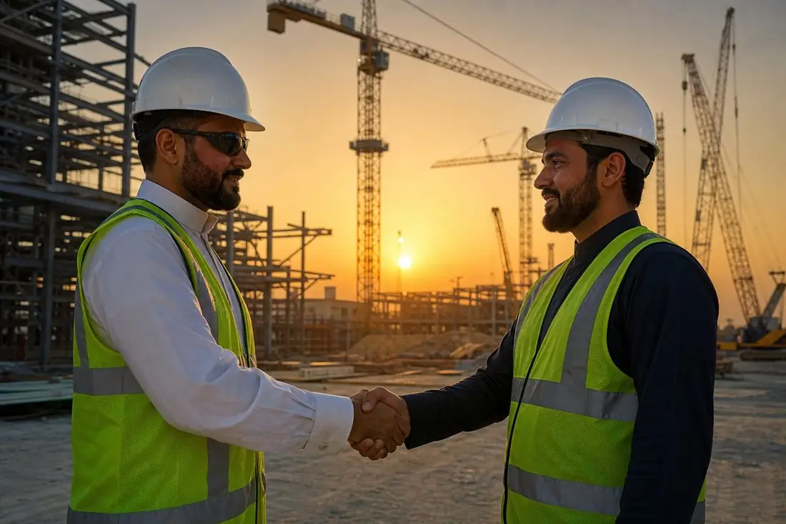 Contractors shaking hands at a Gulf construction site at sunset